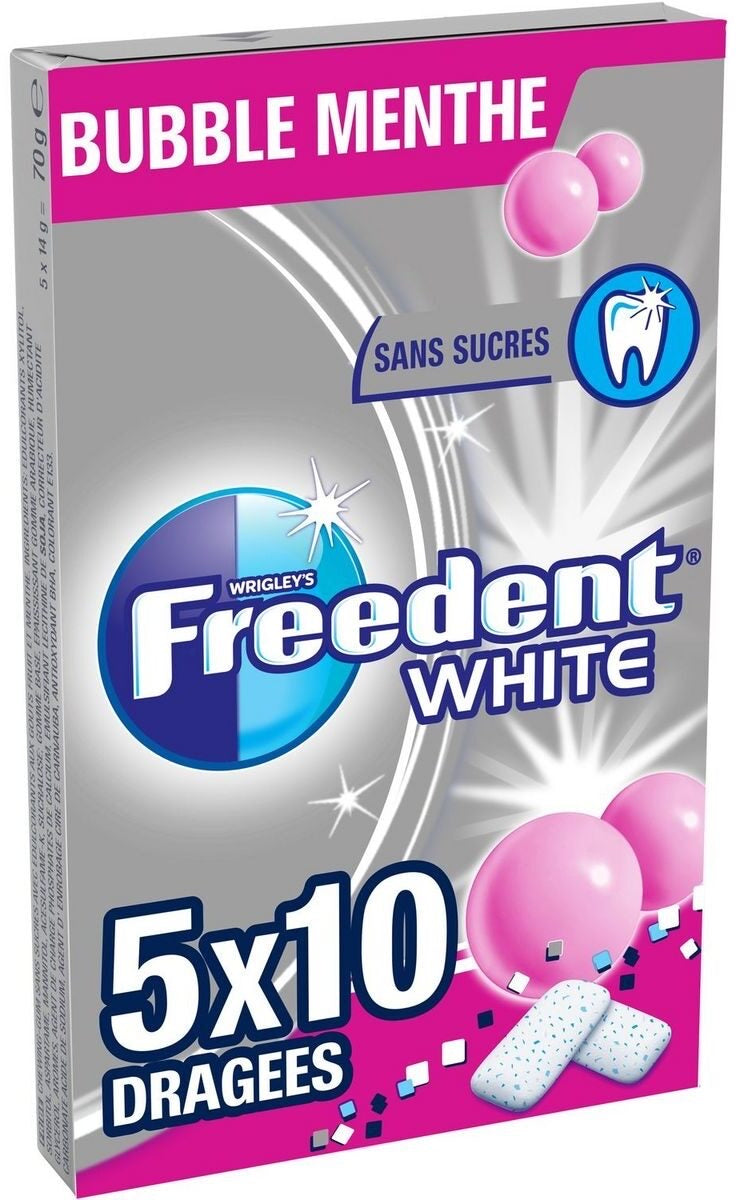 Chewing-gum sans sucres goût Bubble Menthe FREEDENT WHITE