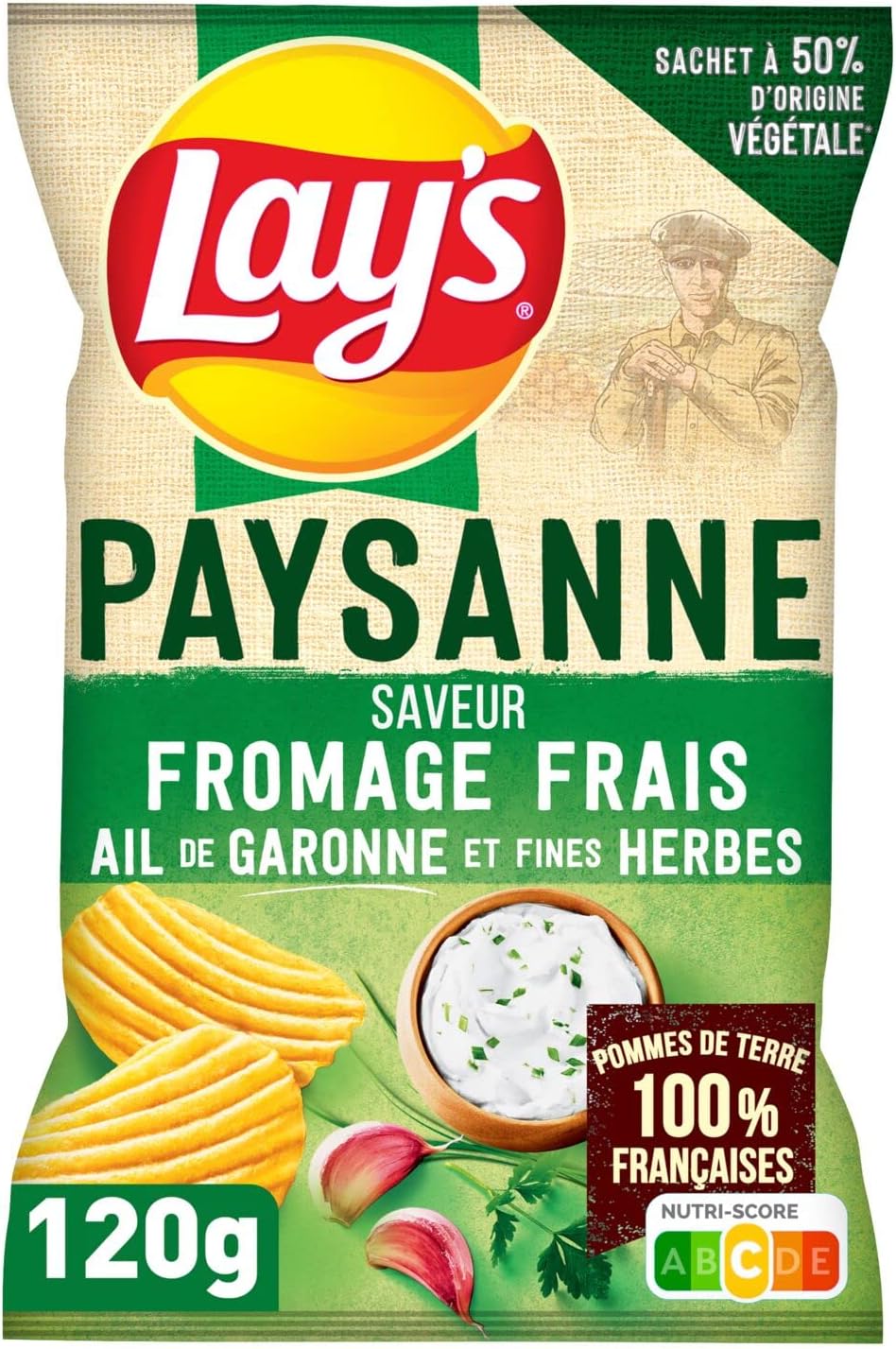 Lay's Chips Recette Paysanne Saveur Fromage Frais, Ail de Garonne, et Fines Herbes