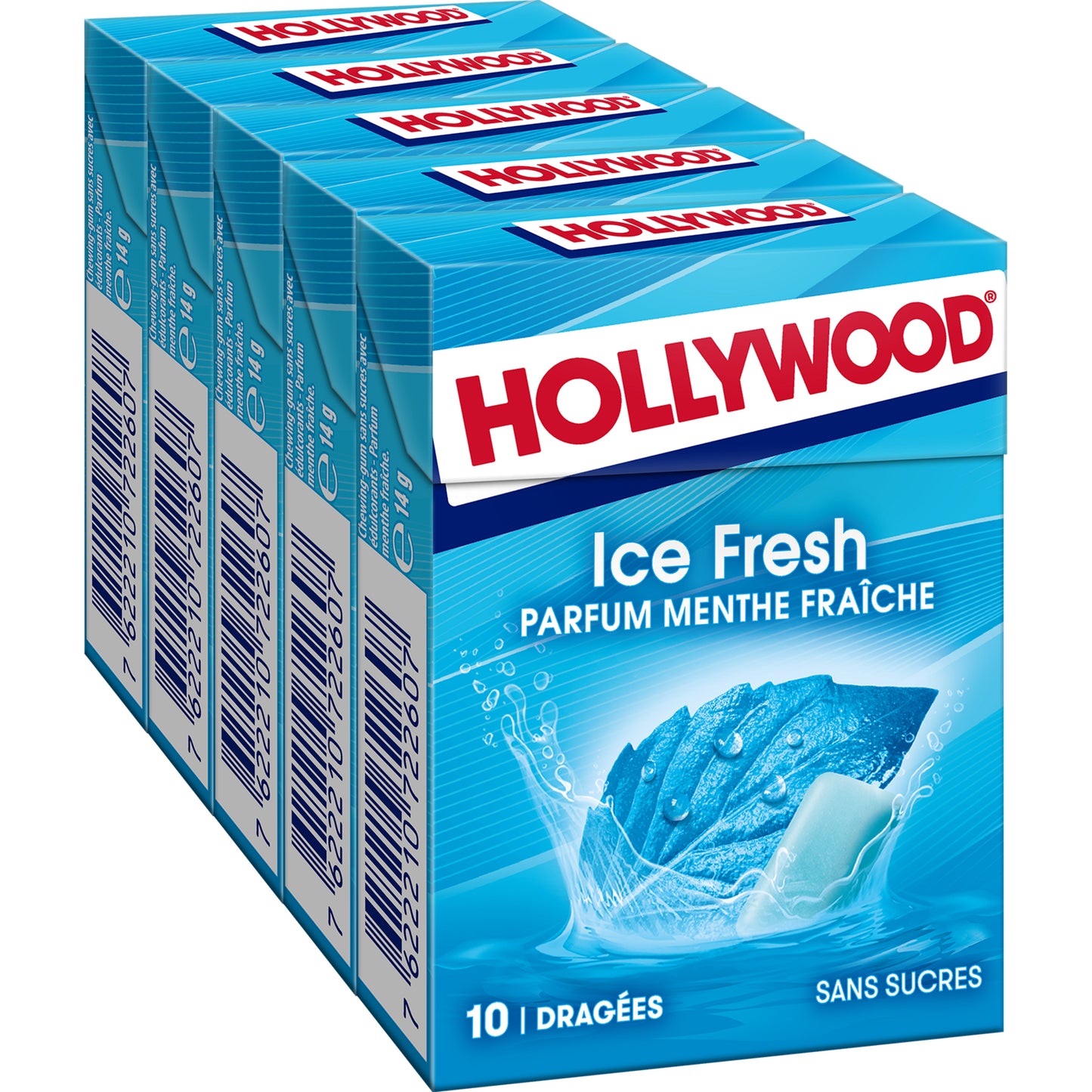 HOLLYWOOD Ice fresh chewing-gums sans sucres menthe fraîche 5x10 dragées 70g