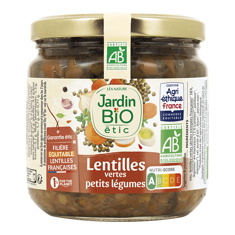 JARDIN BIO ETICLentilles vertes bio aux petits légumes ,en bocal 400G