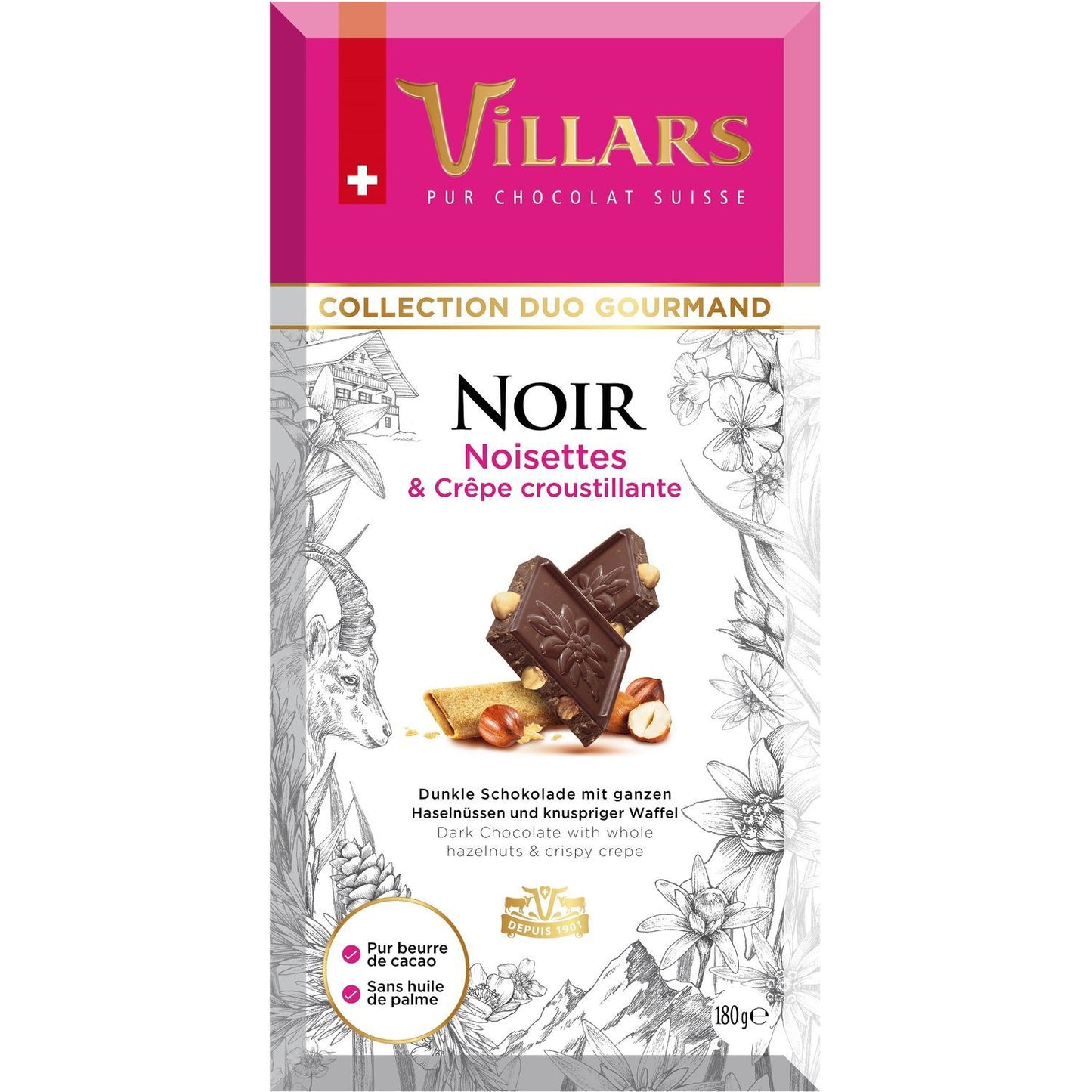 Tablette de chocolat noir VILLARS aux noisettes et crêpe croustillante 180g